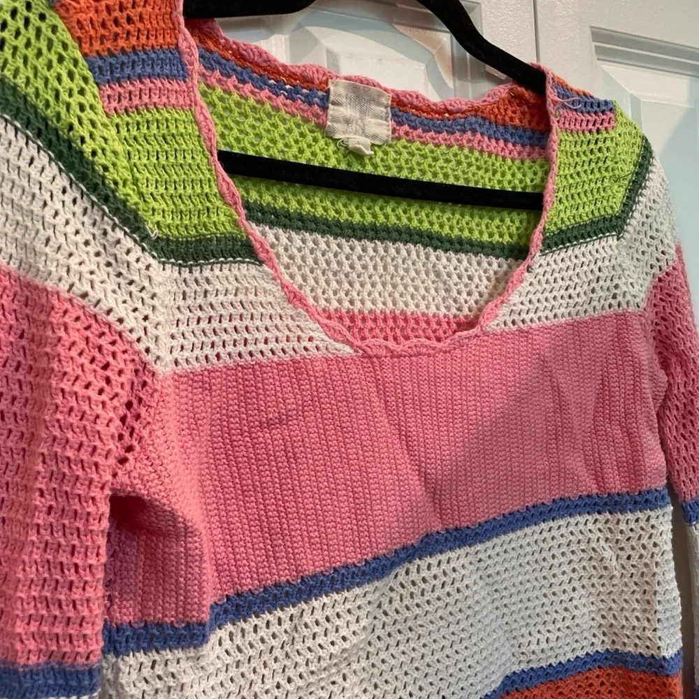 Hippie Rose Pink and Green Long Sleeve Ribbed Crop Blouse